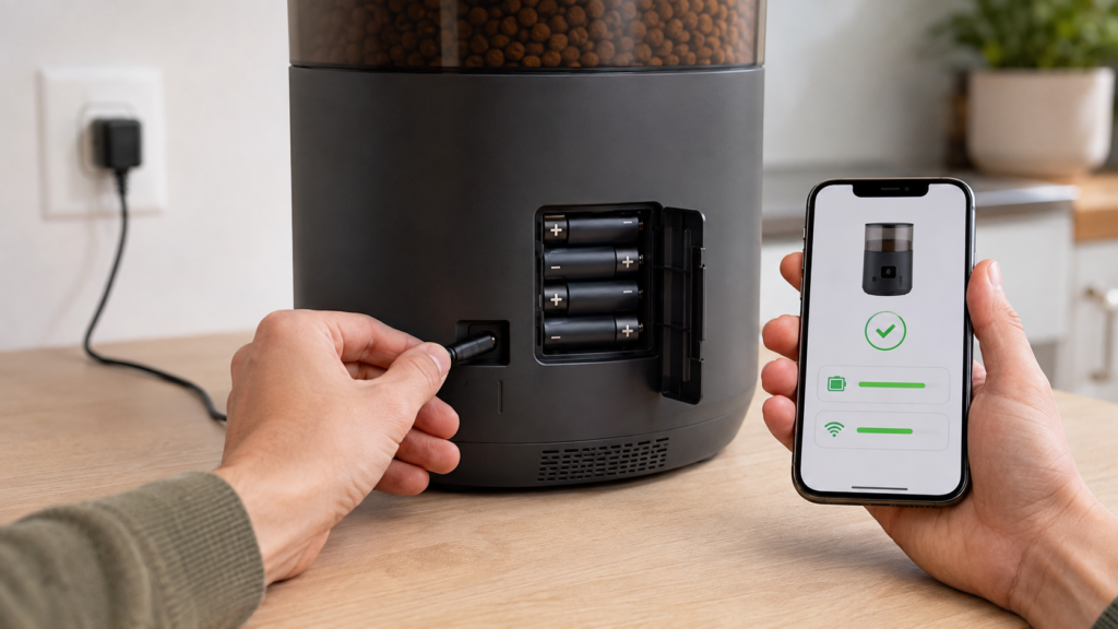 Checking automatic pet feeder power connection, backup batteries, and mobile app