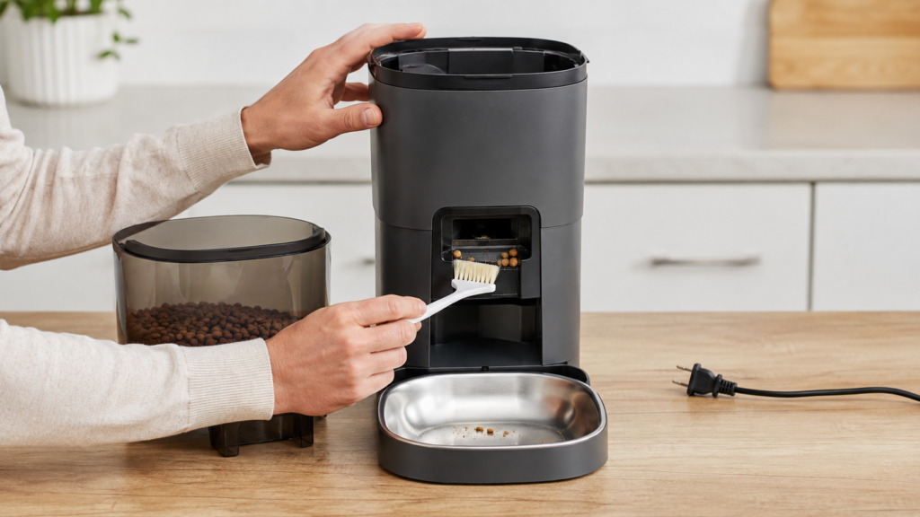 Clearing jammed kibble from an unplugged automatic pet feeder chute