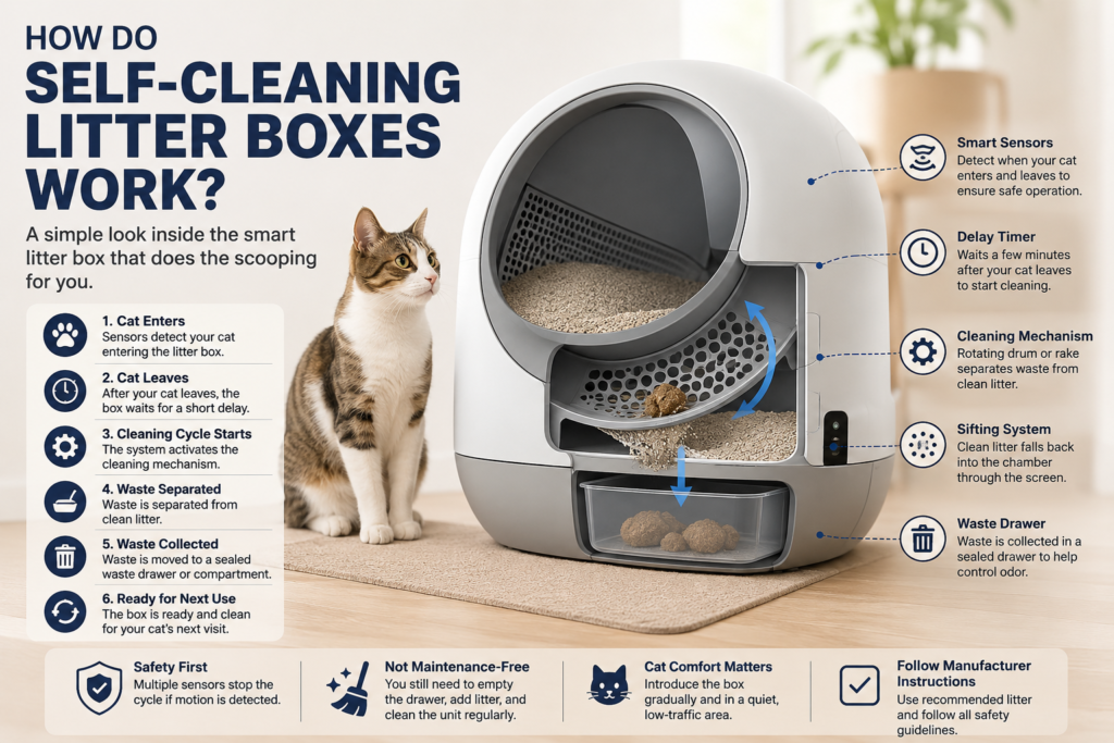 How do self-cleaning litter boxes work