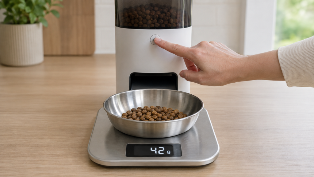 Measuring automatic pet feeder kibble output on a digital kitchen scale