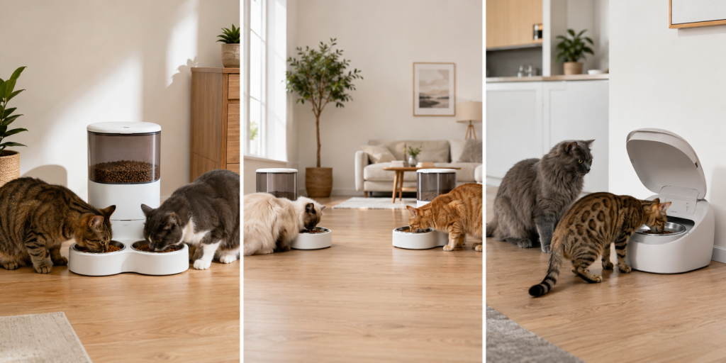 Comparison of dual-bowl, separate timed and access-controlled cat feeders