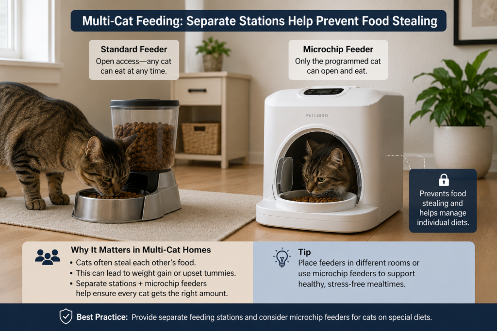Two cats using individual-access and standard feeders in a multi-cat home