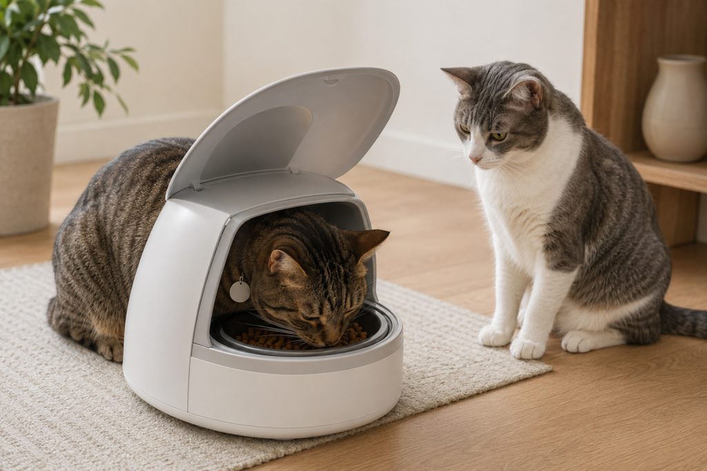 Cat using an RFID access-controlled feeder while another cat waits outside
