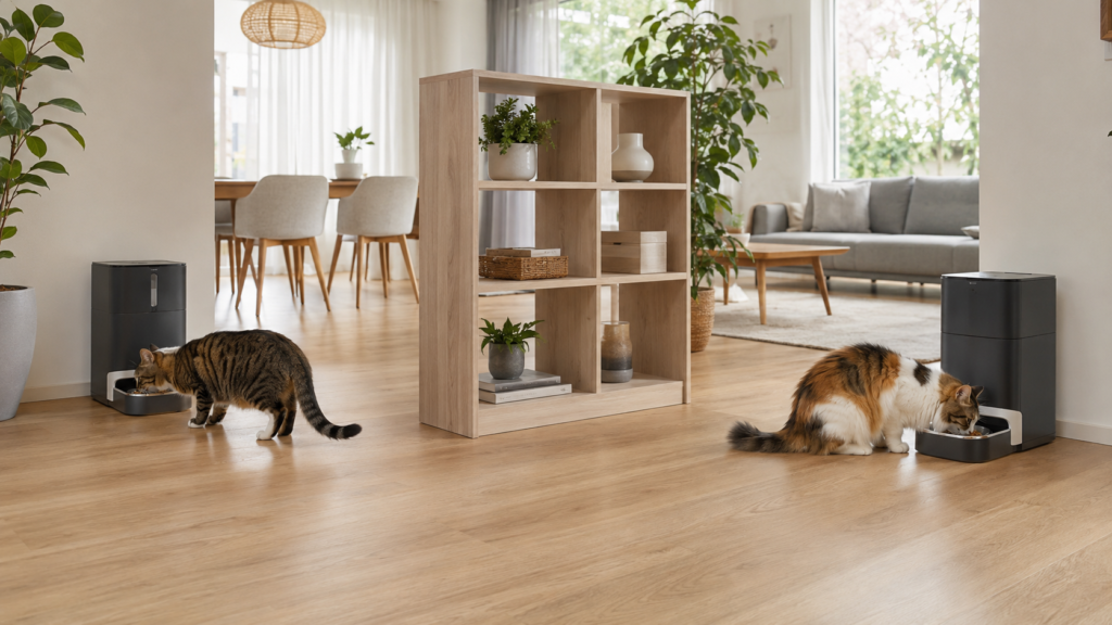 Two cats using separate automatic feeding stations with a visual barrier