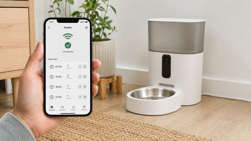 Programming meal times and portions in a smart pet feeder app