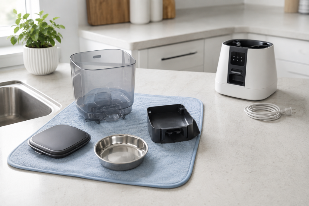 Washable automatic pet feeder parts separated from the electronic base