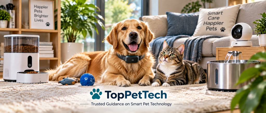 Dog and cat with an automatic feeder, smart collar, pet camera, and water fountain