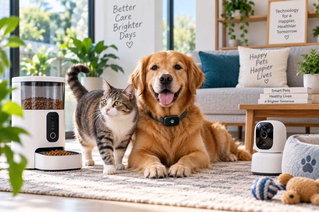 Cat and dog with an automatic feeder, pet camera, and smart pet collar in a modern home